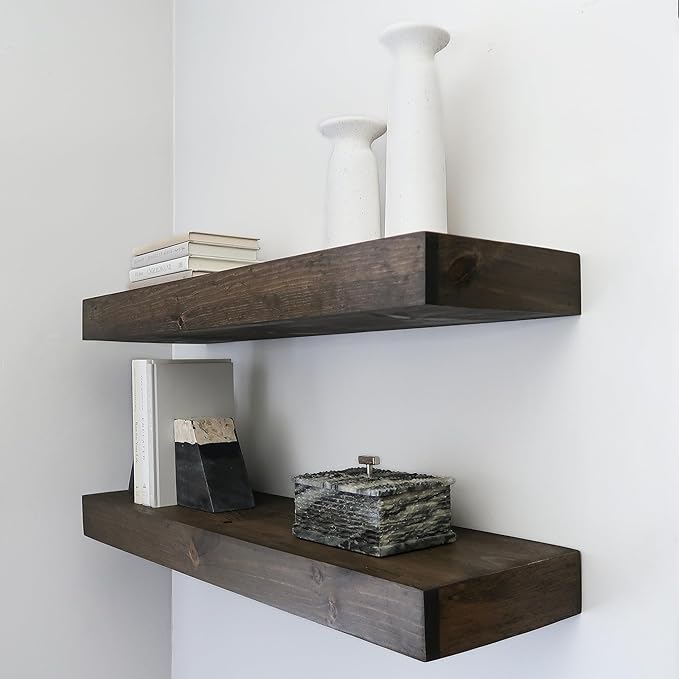 Modern Floating Shelves 3 Inches Thick for Wall, Wide Shelves for Kitchen, Living Room, Bedroom, and Bathroom, Natural Pine Wood, Rustic Wooden Shelf, (Set of 2) (Jacobean, 60Lx3Hx8D)