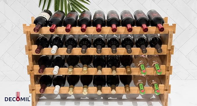 DECOMIL - 36 Bottle Large Wine Rack, Stackable & Modular Wine Storage Rack, Solid Bamboo Wine Holder Display Shelves, Wobble-Free (Four-Tier, 36 Bottle Capacity)