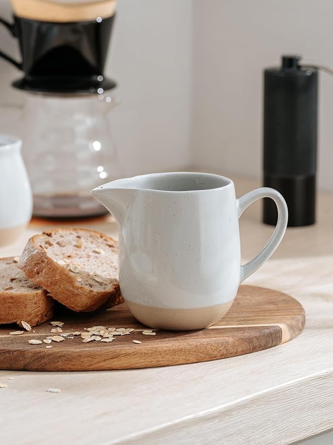 famiware Milkyway 13oz Creamer with Handle, Ceramic Coffee/Milk/Sauce/Serving/Salad Pitcher Jug, Stoneware Maple/Syrup Dispenser, Milk Frother Cup, Microwave and Dishwasher Safe, Light Gray