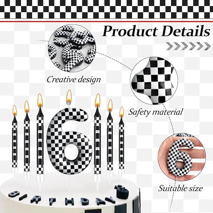 13 Pcs Racing Cars Themed Birthday Candles 12 Black and White Race Number 6 Checkered Candle Cake Topper for Racing Car Party Decoration Supplies (Number 6)
