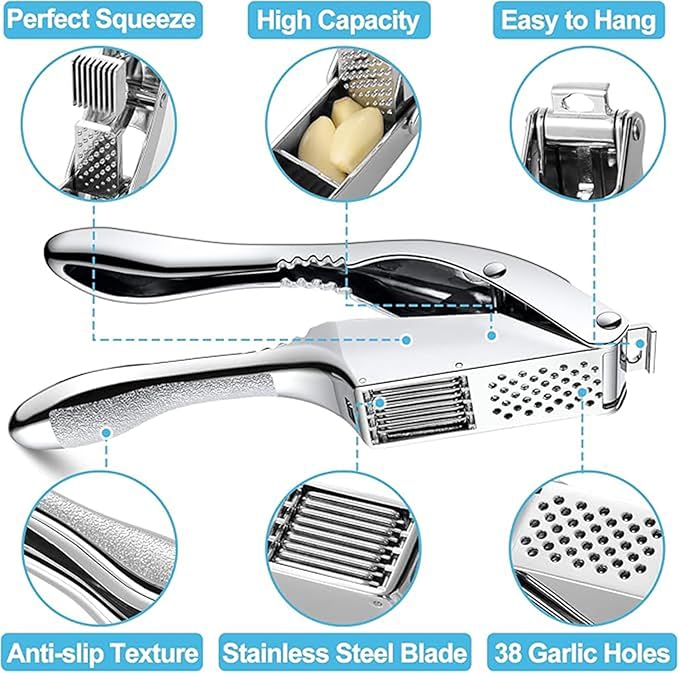 Garlic Press and Slicer 2 in 1, Rust Proof & Dishwasher Safe Professional Garlic Mincer Tool, Effortlessly Crush and Mince Garlic with this Ergonomic Handle-Garlic Peeler & Brush ANCQMI(Silver)