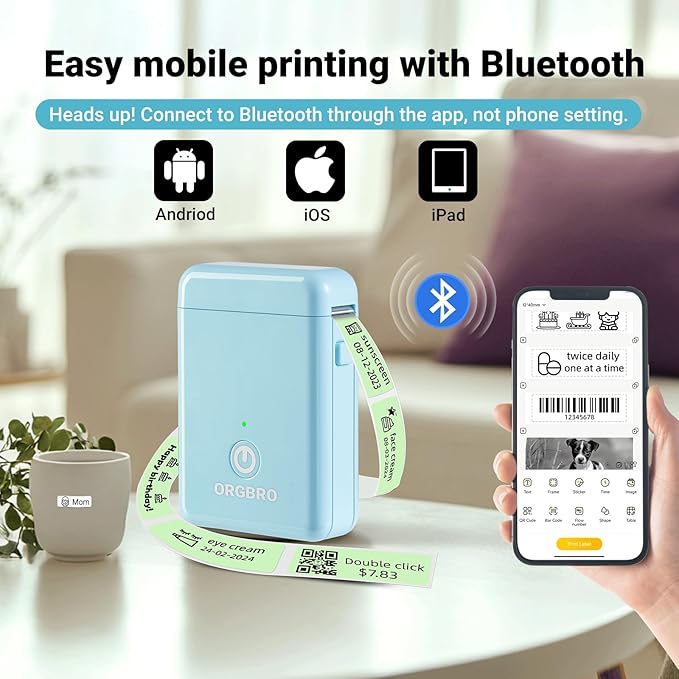 ORGBRO Label Maker Machine with Tape, X1 Portable Bluetooth Mini Label Printer, Support Pre-Cut & Continuous Label, Wireless Small Label Makers with Versatile App for School Home Office Organization
