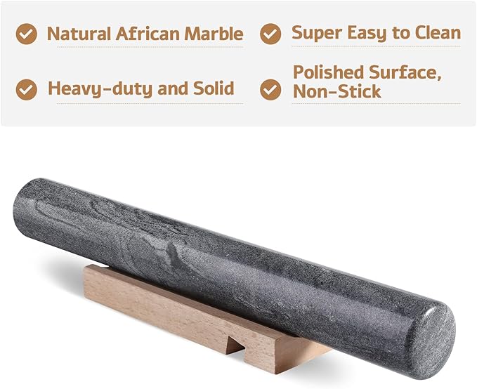 Koville African Natural Marble French Rolling Pin, 12inch Non-Stick Rolling Pin for Baking, Dough Roller for Pasta, Dumpling, Fondant, Pie, Bread, Pizza, Kitchen Baking Tools(Monte Grigio)