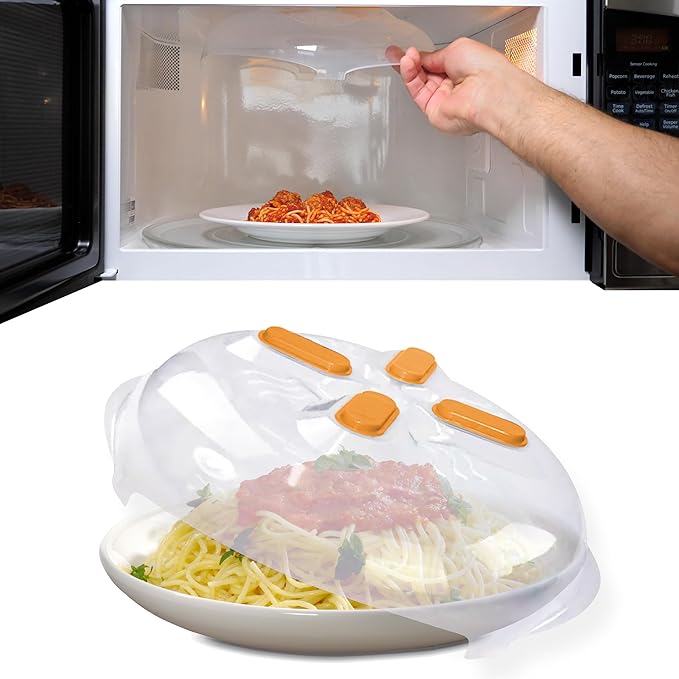 Magnetic Microwave Cover for Food | Clear Microwave Splatter Cover | Microwave Plate Cover with Steam Vents | Food Grade Dish Cover | BPA-Free | Dishwasher Safe | Orange
