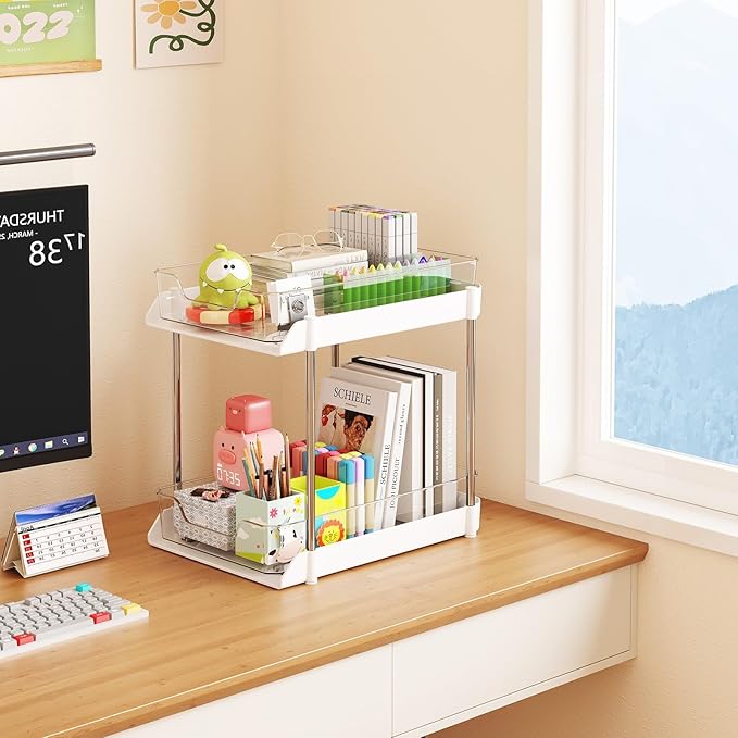 JLKDQ 4 Pack Bathroom Under Sink Organizers and Storage, 2-Tier Pull Out Cabinet Organizer and Medicine Storage Shelf,Fit Cabinets, Kitchens,Food Pantry. (White&Clear,10.63" L x 8.0" W x 8.46" H).