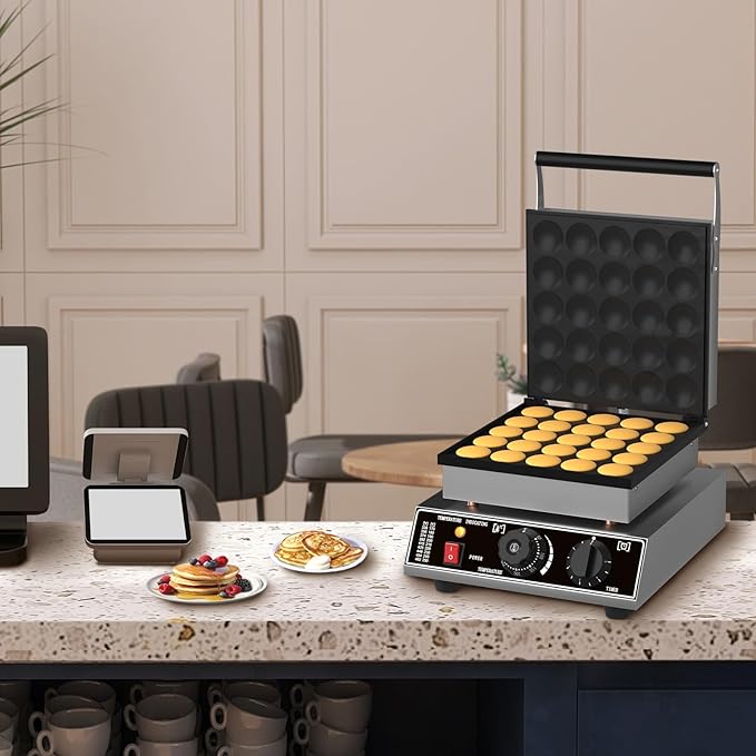 25 PCS Mini Pancake Maker Machine, 1750W Commercial Electric Dutch Pancake Maker, Nonstick Waffle Iron for Home, Restaurants, Food Trucks – Precise Temp & Timer Control