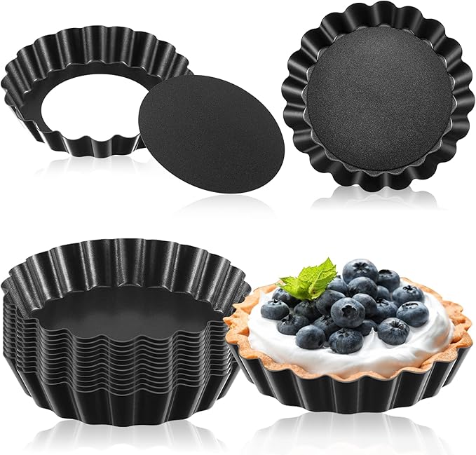 Tessco 16 Pieces Mini Tart Pans with Removable Bottom Nonstick Quiche Mini Pie Tart Pans Bakeware Mold Fluted Side for Pies(Black Gray Round,3 Inch)