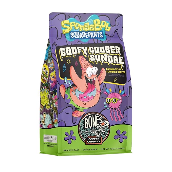 Bones Coffee Company Spongebob Goofy Goober Sundae, Banana Split Flavored Coffee, Medium Roast Low Acid Arabica Beans Compatible with Auto drip and French Press Coffee Maker, 12 Oz Whole Bean