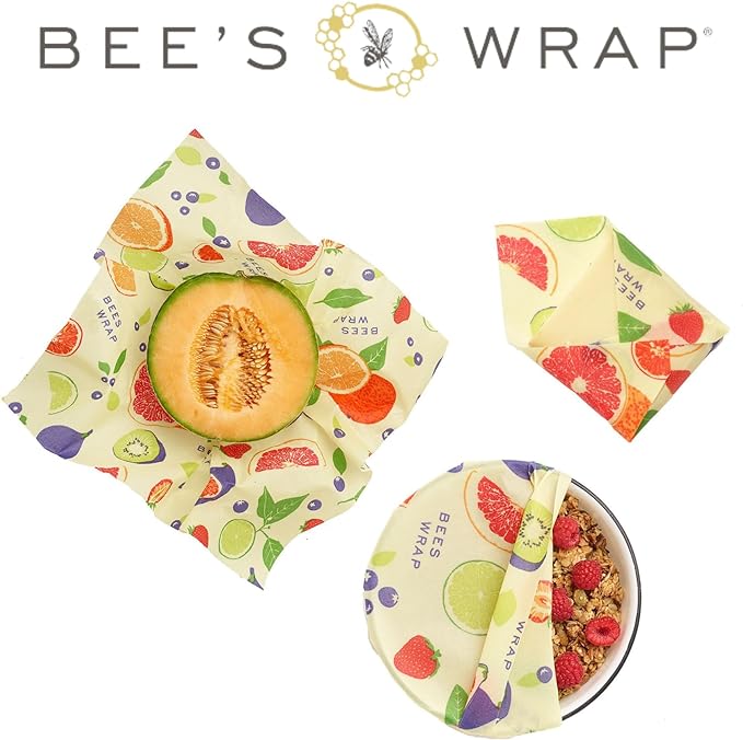 Bee's Wrap Beeswax Wraps for Food - Fresh Fruit 3 Pack (S, M, L) Made in USA Reusable & Organic Food Wraps, Sandwich Wrap & Bowl Covers - Eco-Friendly Alternative to Aluminum Foil & Plastic Wrap