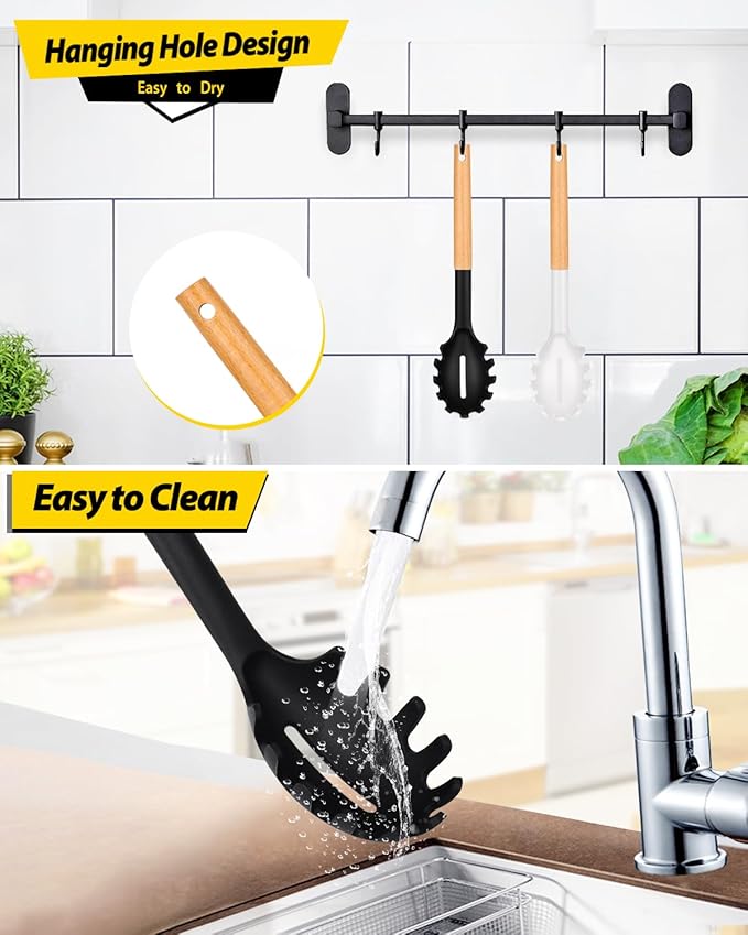 Pack of 2 Spaghetti Spoon, Silicone Pasta Fork with Wooden Handle, Heat Resistant Noodle Spoon Server, BPA Free Spaghetti Strainer(BLACK-WHITE)