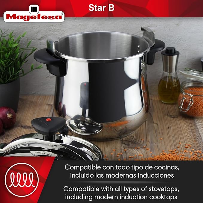 MAGEFESA Star Belly Pressure Cooker 8.4 Qt – 18/10 Stainless Steel, Rounded Bottom, 3 Safety Systems, Works on All Stovetops Including Induction, 8 PSI