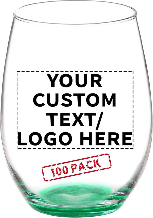 DISCOUNT PROMOS 100 ARC Stemless Wine Glasses Set, 21 oz. - Customizable Text, Logo - Chardonnay, Cabernet, Merlot, Sauvignon - Green