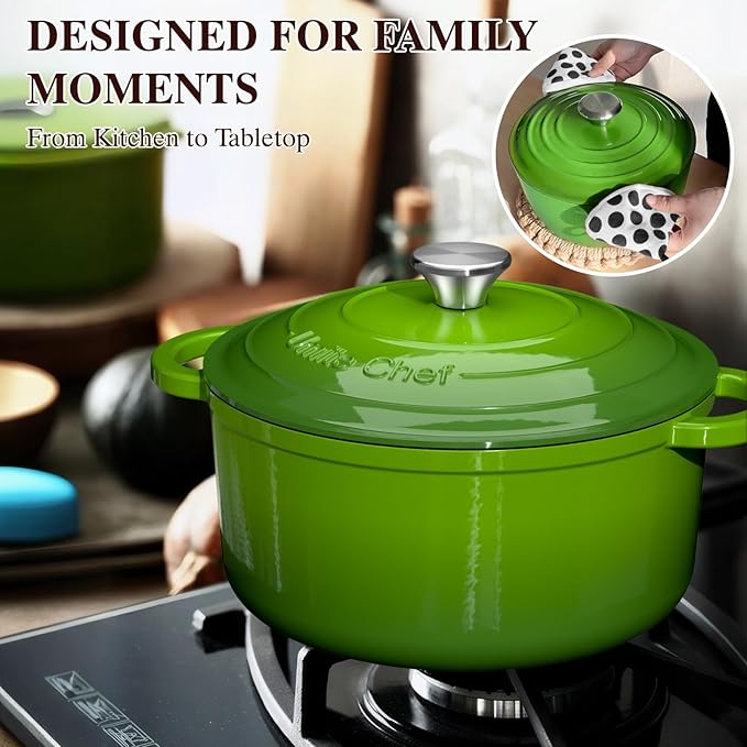 Umite Chef 5QT Enameled Cast Iron Dutch Oven Pot with Lid, Heavy-Duty, Cookware for Bread Baking, Braising, Stews, Roasting, Wedding Registry Ideas & Gifts(Green)