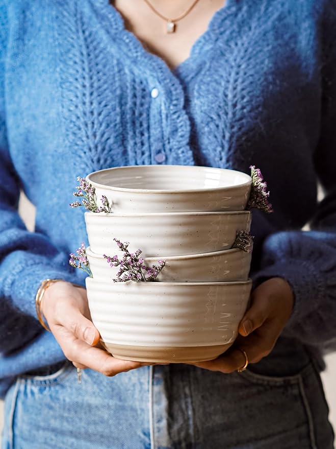 LE TAUCI Soup bowls 28 oz, Ceramic Cereal Bowl for Kitchen, Stoneware Bowl for Pho, Chip, Fruit, Salad, Noodle, Ramen, Housewarming Present- 6 Inch, Set of 4, Arctic white