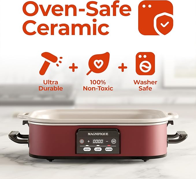 Magnifique 4 Quart Casserole Digital Slow Cooker, Premium Ceramic Bakeware for Oven, Dishwasher Safe Baking Dish, Red