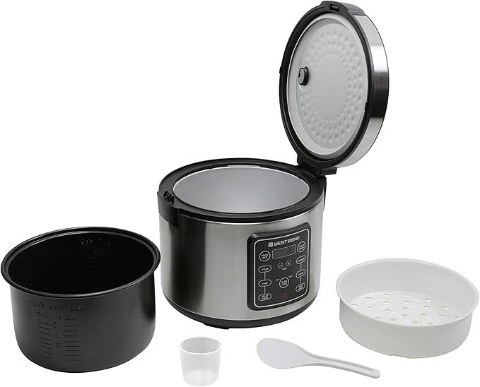 West Bend Rice & Grain Multi Cooker Programmable with 9 Preset Functions, Features Delay Start and Keep Warm Functions and Steam Basket, 20 Cups Cooked, Stainless Steel