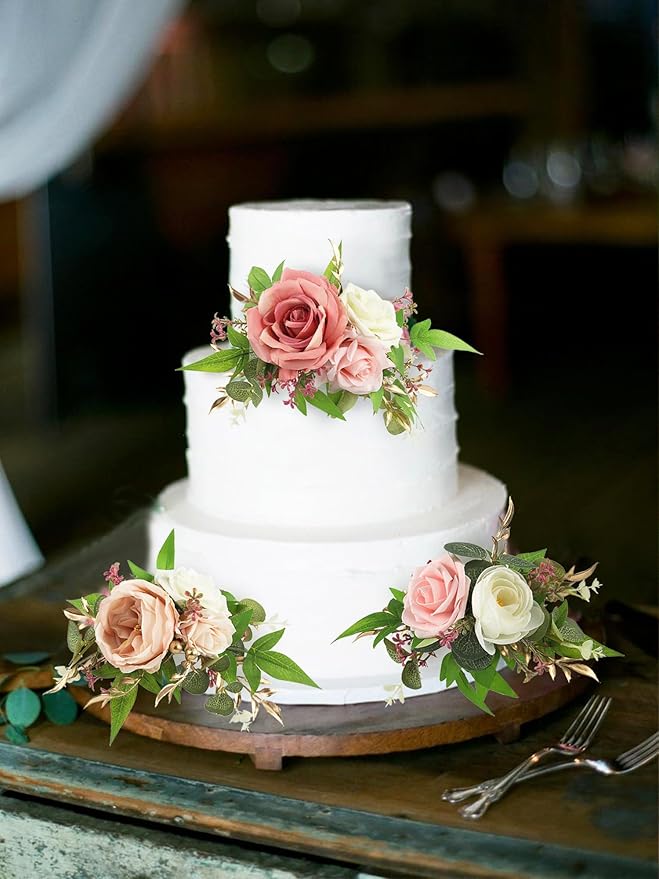 Rinlong 3Pcs Pre-made Pink Cake Topper Flowers Cake Decorations Wedding Cake Decorating Flowers Decor for Baptism Girl Baby Shower Birthday Party