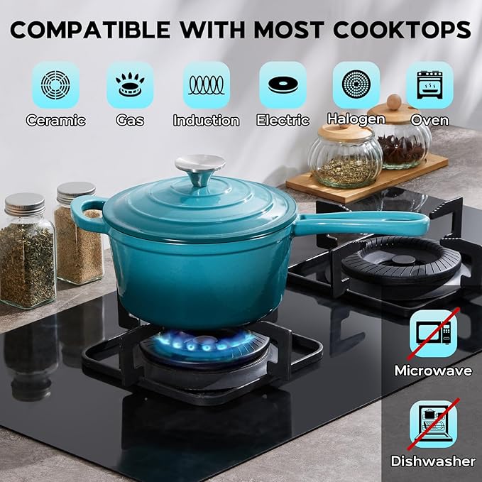 1QT Saucepan with Lid, Onader Enameled Cast Iron Sauce Pan, Small Cast Iron Pot for Cooking, Enameled Dutch Oven Nonstick & Heavy Duty – Dark Cyan