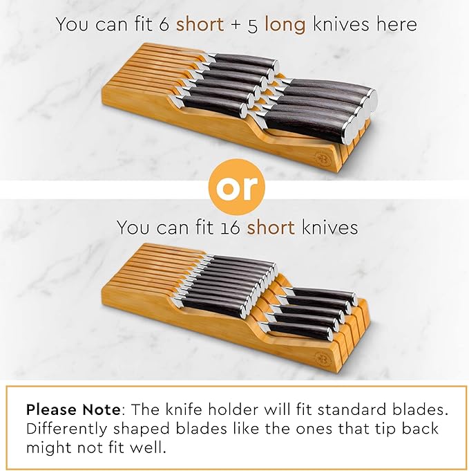 In-Drawer Knife Block - Bamboo Knife Drawer Organizer for Kitchen - Fits 5 Long + 6 Short Knives - Store Knives with Blades Pointing Down - Wooden Steak knife Holder without Knives - Chef Gift Idea