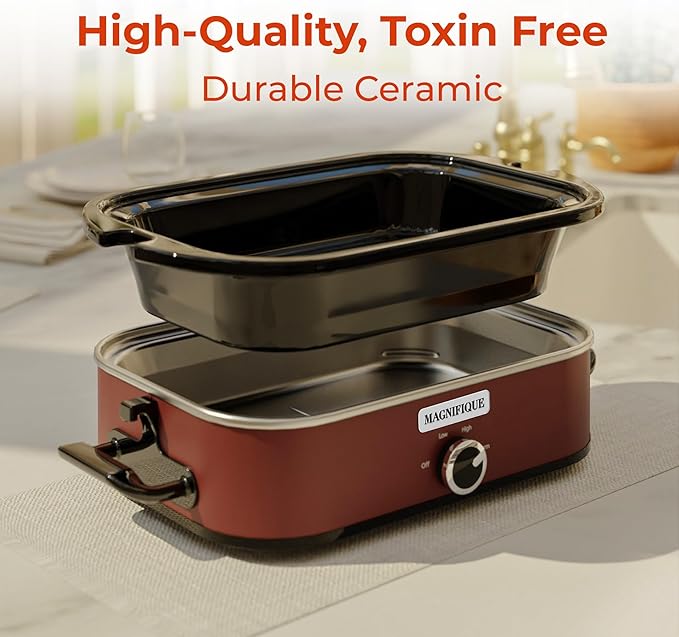 [NEW] MAGNIFIQUE 4-Quart Slow Cooker with Casserole Manual Warm Setting - Perfect Kitchen Small Appliance for Family Dinners, Dishwasher Safe Crock, Red