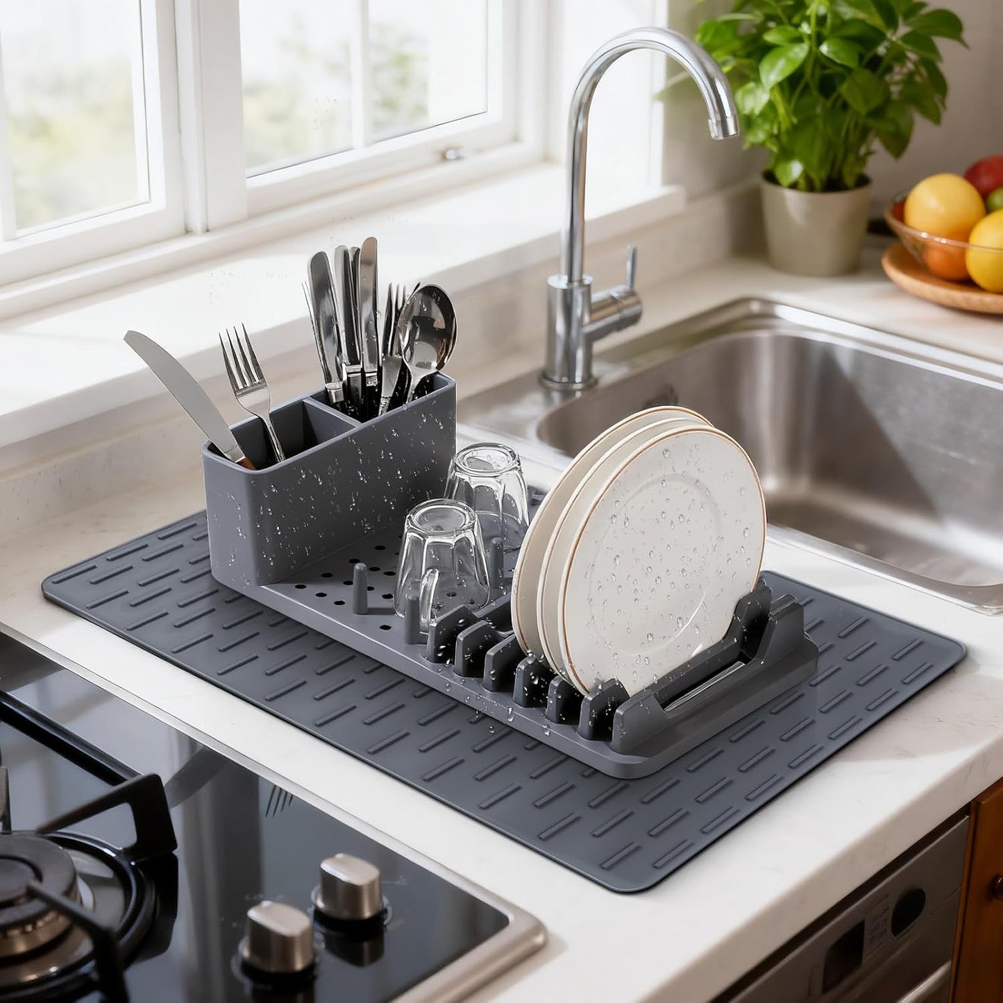 Silicone Dish Drying Rack with Mat - Foldable Space Saving Kitchen Sink Organizer, Countertop Drainer for Dishes Utensils (50x35cm Mat & Detachable Holder)