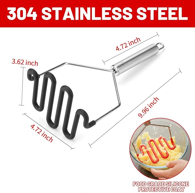 SHIKORI Non-Scratch Silicone Potato Masher Kitchen Tool, Potatoes Masher Potato Masher Stainless Steel Wrapped In Premium Silicone, Potato Smasher 2 Pcs-Black