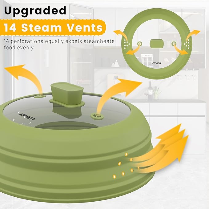 Microwave Splatter Cover, Vented Silicone and Glass Cover Splatter Guard Lid, Food Collapsible Plate Cover Lid with Easy Grip Handle. (Green, 11.8 inch)