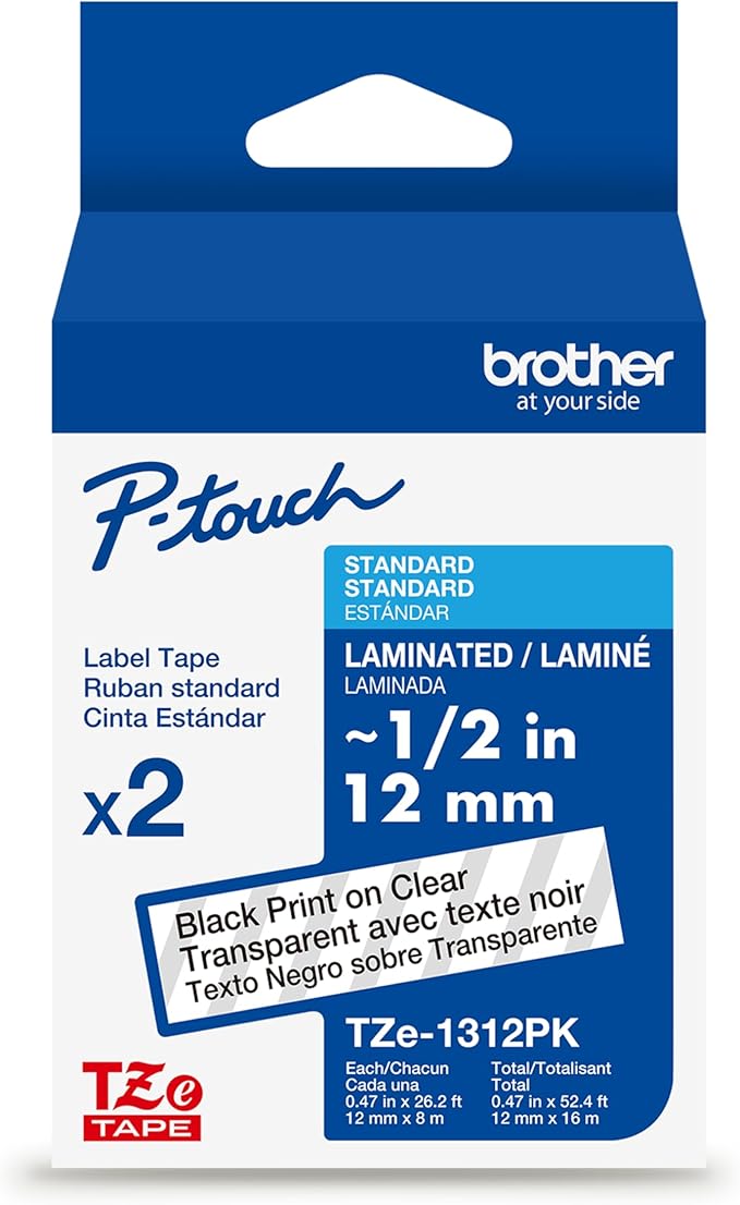 Brother Genuine TZe131~1/2" 2PK Black Print on Clear Label Tape. Each: 0.47 in x 26.2 ft (12 mm x 8 m) Total: 0.47 in x 52.4 ft (12 mm x 16 m)