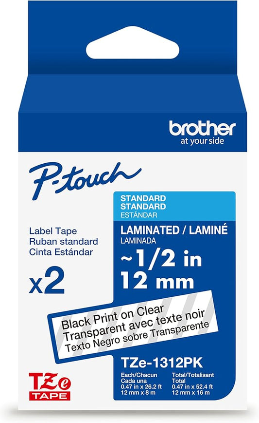 Brother Genuine TZe131~1/2" 2PK Black Print on Clear Label Tape. Each: 0.47 in x 26.2 ft (12 mm x 8 m) Total: 0.47 in x 52.4 ft (12 mm x 16 m)