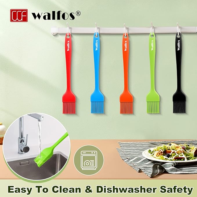 Walfos Silicone Pastry Brush, Heat Resistant Basting Brush Set, Perfect for Baking,BBQ Grill,Kitchen Cooking,Strong Steel Core and One-Pieces Design,BPA Free and Dishwasher Safe (5 Pcs)