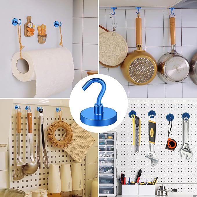 MIKEDE Strong Magnetic Hooks, 110Lbs Heavy Duty Magnetic Hooks for Cruise, Neodymium Earth Magnets with Hooks for Hanging, Super Metal Industrial Magnets for Grill, Storage (Blue,10 Pack)