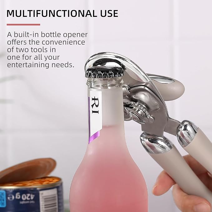 Multi-function Manual Can Opener Bottle Opener, Oversized Hand-held Easy Rotary Knob, Safe Cut Can Opener with Non-Slip Handle, Smoother Cut Sharp Blade for Seniors Kitchen Tool, Grey
