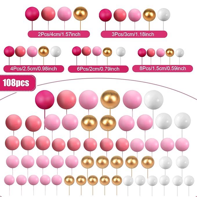 108 Pcs Balls Cake Topper DIY Cupcake Insert Foam Balloons for Cake Baking Wedding Anniversary Birthday Decoration(Pink Series, White, Gold,Multi Sizes)