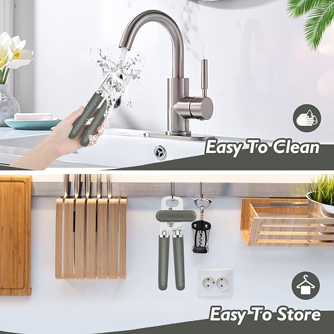 10 Colors Can Opener Manual Handheld Heavy Duty Hand Can Opener Smooth Edge Stainless Steel Can Openers Top Lid Kitchen Gadgets, Best Large Rated Easy Turn Knob, with Bottle Opener, Gray