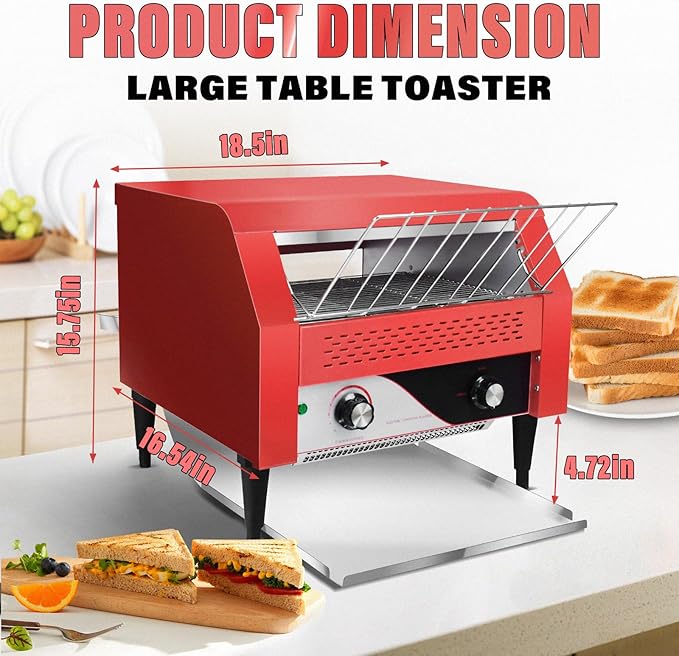 Commercial Conveyor Toaster 450 Slices/Hour Red Conveyor Toaster 3 Modes/7 Speeds Stainless Steel Tabletop Toaster for Toast, Bagels and Other Baked Breads
