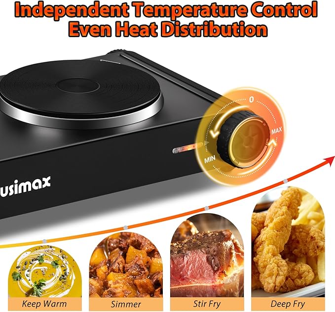 CUSIMAX Electric Hot Plate,Portable Double Hot Plate For Cooking,1800w Electric Stove Temperature Controls,Cast Iron Cooktop,Suitable For All Cookware,Easy To Use Handle,Black Stainless Steel