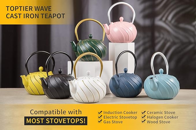 Stovetop Tea Kettle, TOPTIER Japanese Cast Iron Tea Kettle with Infuser for Loose Leaf and Tea Bags, Cast Iron Teakettle Coated with Enameled Interior for 40 oz (1200 ml), Midnight Black