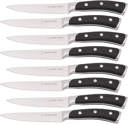 8-Piece Serrated Kitchen Steak Knife Set – Forged High Carbon Stainless Steel, Ultra Sharp, Ergonomic Black Handles, Durable Dinner Knives, Black Handle