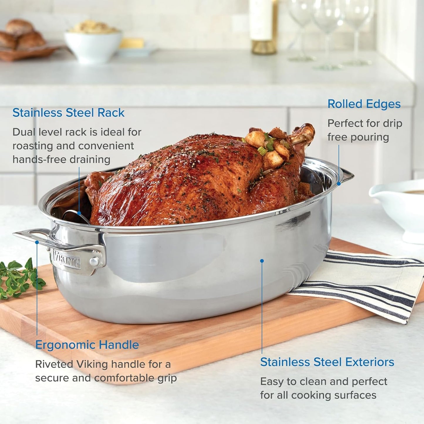 Viking 3-Ply Oval Roasting Pan, 8.5 Quart, Stainless Steel Kitchen Cookware with Metal Induction Lid and Rack, Great for Turkey, Dishwasher and Oven Safe, Silver