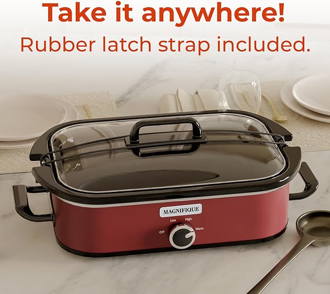 [NEW] MAGNIFIQUE 4-Quart Slow Cooker with Casserole Manual Warm Setting - Perfect Kitchen Small Appliance for Family Dinners, Dishwasher Safe Crock, Red