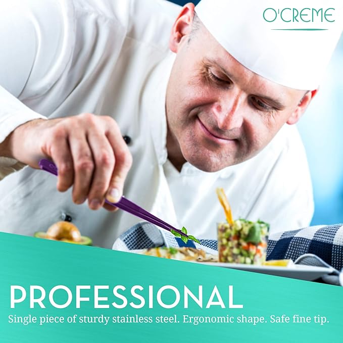 O'Creme Stainless Steel Precision Kitchen Tweezer Tongs 6.25" with Fine Tip (Purple)