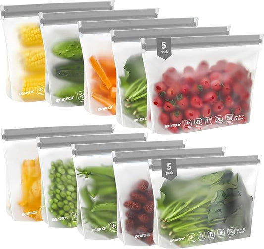 IDEATECH Quart Freezer Bags, BPA Free PEVA Reusable Sandwich Snack Bags, Quart Size Food Baggies Containers for Travel, Lunch, Healthy Food (Grey, 10Pack-10Quart)