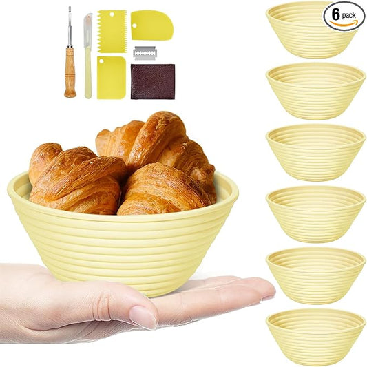 Silicone Banneton, Sourdough Bread Baskets (Set of 6, 5 Inch), Round Proofing Bread Bowls with Starter Kit, Bread Making Baking Supplies