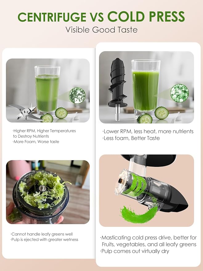Cold Press Juicer Machine for Fruits & Vegetables, Masticating Juicer, Wheatgrass Celery Juicer with 200W Quiet Motor Reverse Function, High Juice Yield Slow Juice Extractor BPA-Free Easy to Clean