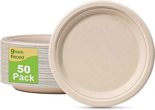 Paper Plates 9 inch, 50 Pack Eco Friendly Recycled Paper Plates, 100% Compostable Plates Disposable, Sturdy Paper Plates Dinner Size, Brown Paper Plates
