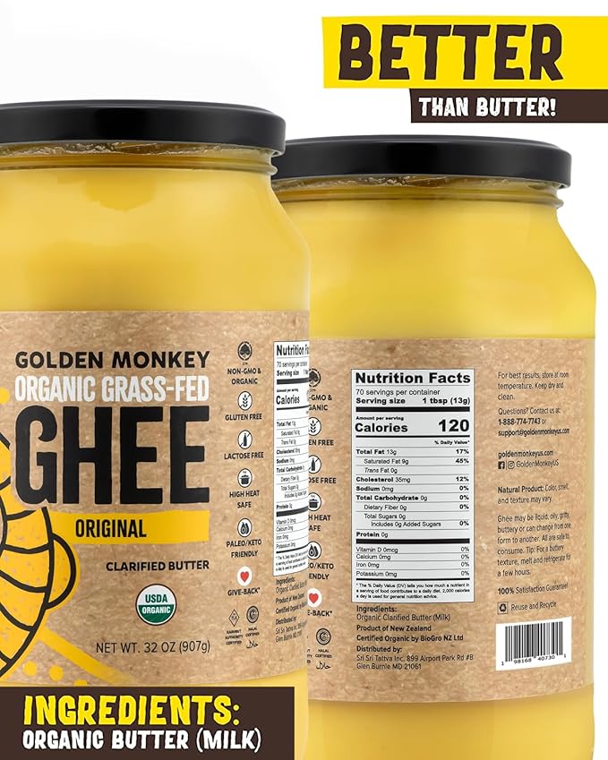 GOLDEN MONKEY Organic Ghee Butter – Grass Fed Clarified Butter for Cooking, Baking, Keto & Gut Health – Ghee Butter Organic Grass Fed from Small Farms – Smooth Spread with High Smoke Point (32oz)