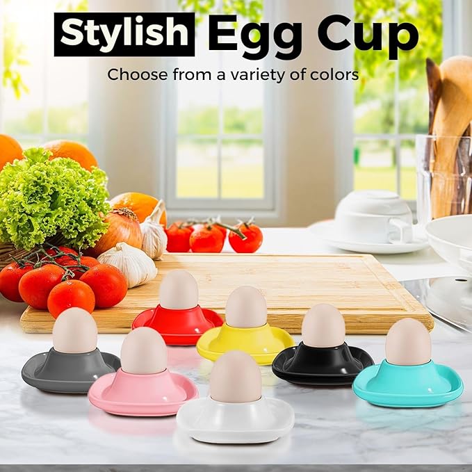 Flexzion Soft Boiled Egg Holder Set - 4-Piece Black Ceramic Egg Cup, Stackable Egg Coddler Cups with Base for Serving, Breakfast, Brunch - Kitchen Table Decor, Black