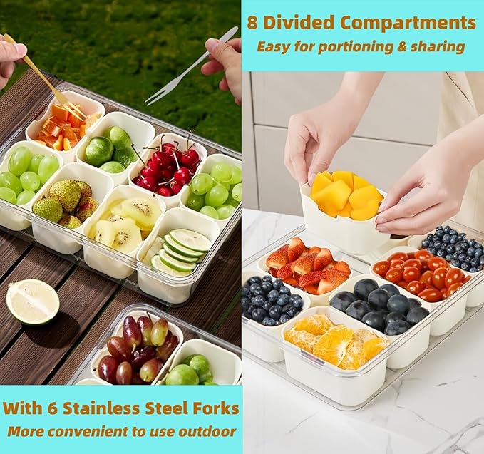 2 Pack Snackle Box Container, Divided Serving Tray with Lid & Handle, Portable Snack Box Food Organizer for Nuts,Candy,Fruits, Snack Platter with 8 Compartments&6 forks for Party, Picnic, Travel