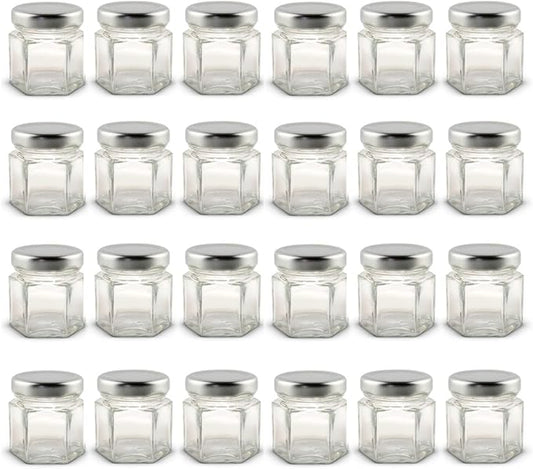 1.5 oz Hexagon Mini Glass Jars with Silver Lids (Pack of 24)