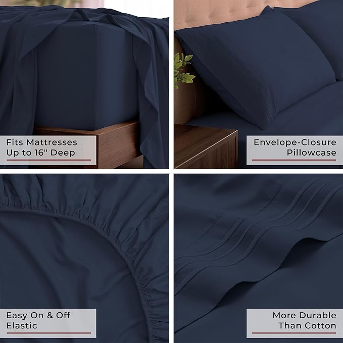Mellanni King Sheets Set - 4 PC Iconic Collection Bedding - Hotel Luxury, Extra Soft, Cooling Bed Sheets - Wrinkle, Fade, Stain Resistant (King, Navy Blue)